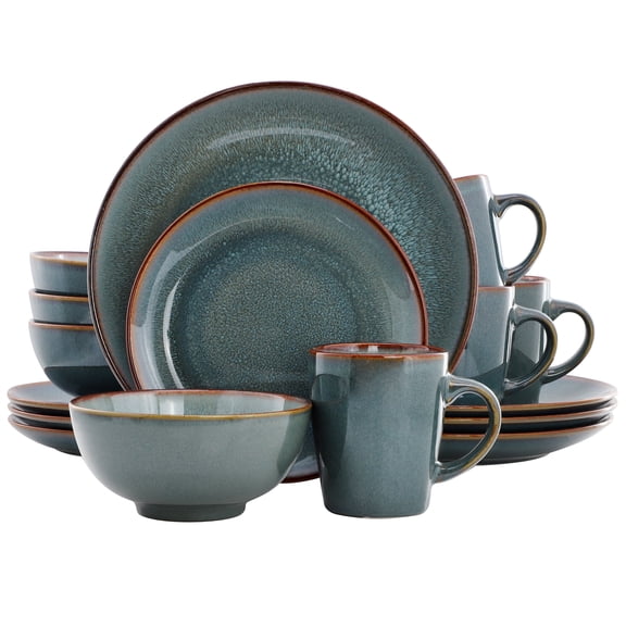 Elama Slate 16 Piece Stoneware Dinnerware Set in Blue with Brown Rim, Service for 4