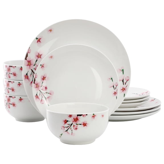Elama Tamara 12 Piece Cherry Blossom Porcelain Dinnerware Set, Service for 4 in White and Pink