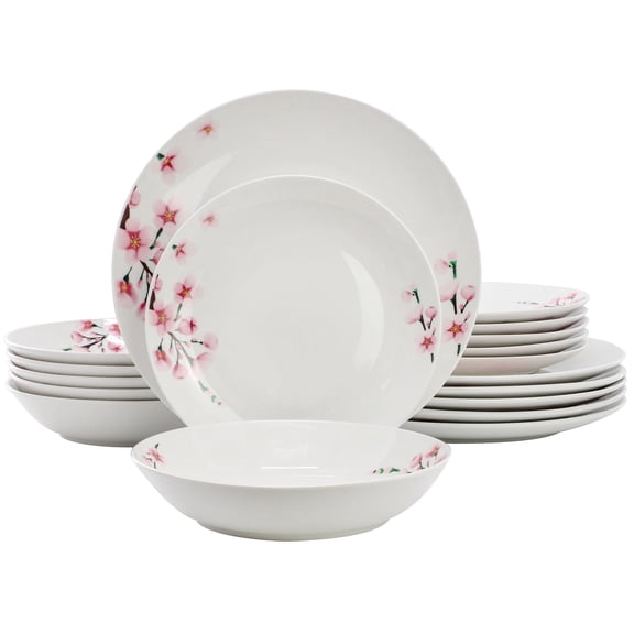 Elama Tamara 18 Piece Cherry Blossom Porcelain Dinnerware Set, Service for 6 in White and Pink