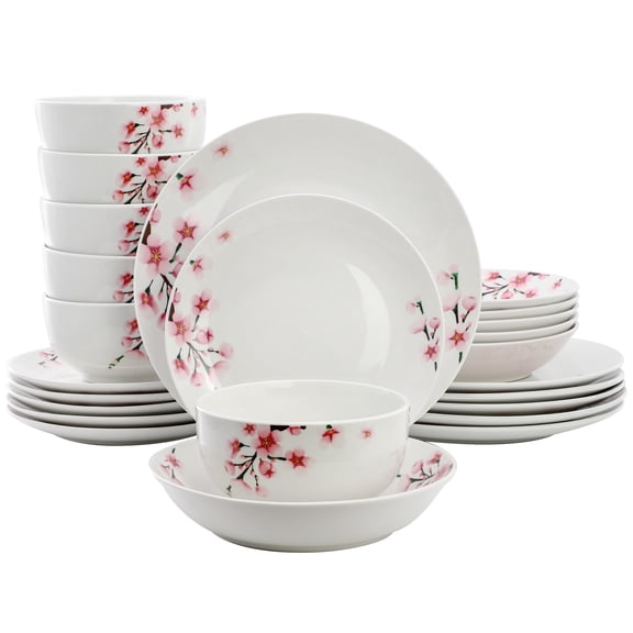 Elama Tamara 24 Piece Cherry Blossom Porcelain Double Bowl Dinnerware Set, Service for 6 in White and Pink