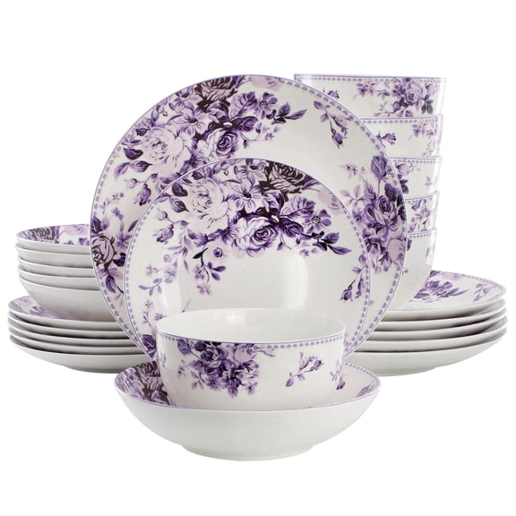 Elama Traditional Purple Rose 24 Piece Porcelain Double Bowl Dinnerware Set