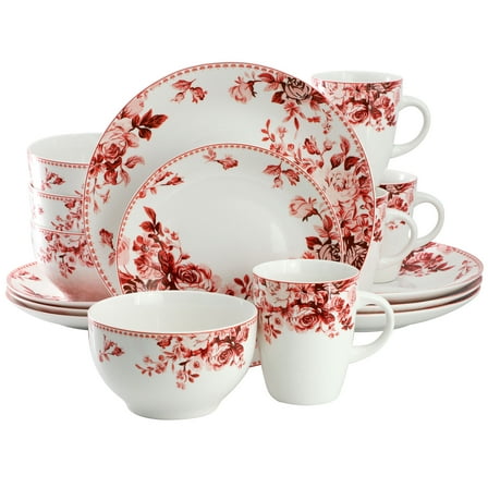 Elama Traditional Red Rose 16 Piece Stoneware Dinnerware Set
