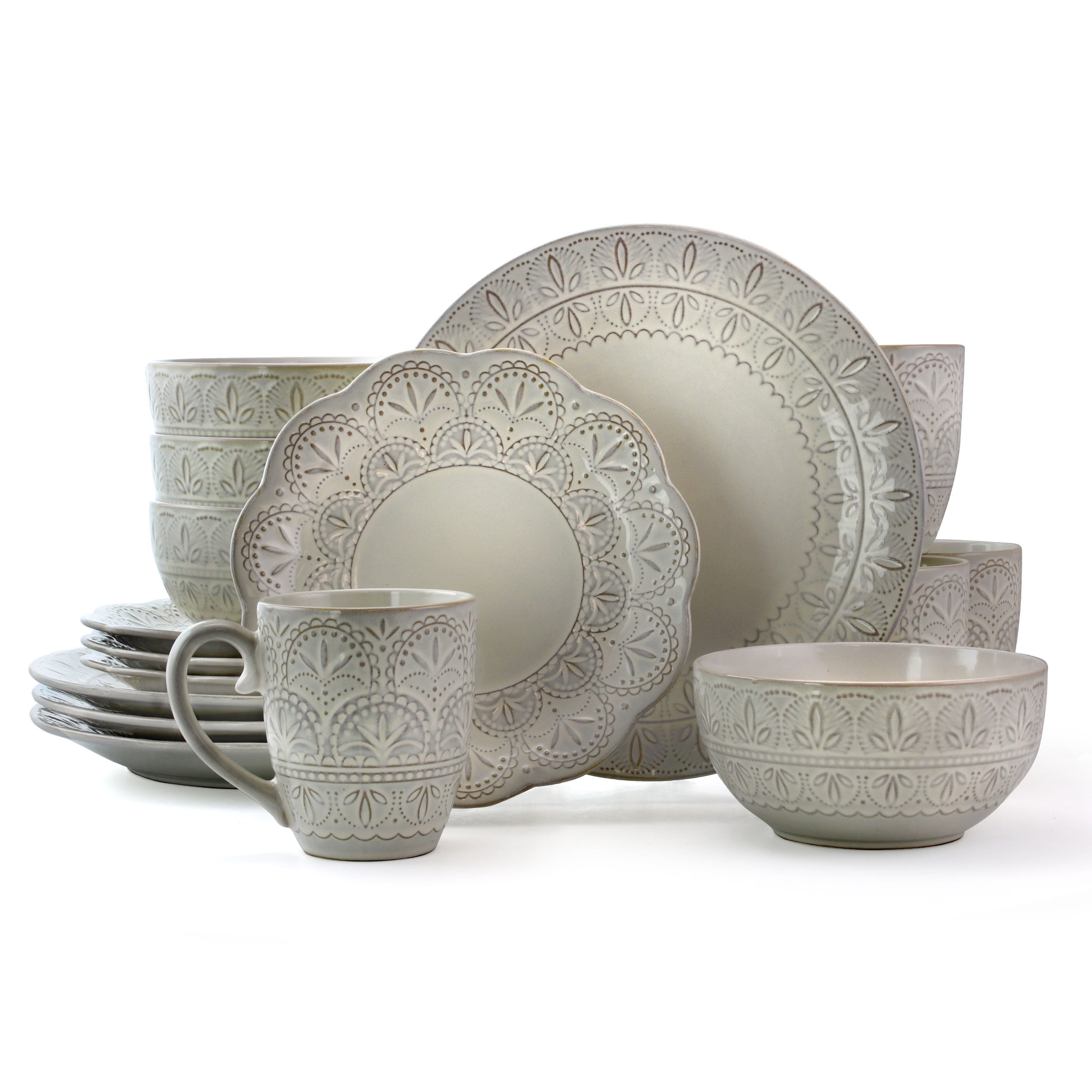 White Embossed Ceramic 16-Piece Dinnerware Set with Lace Accents