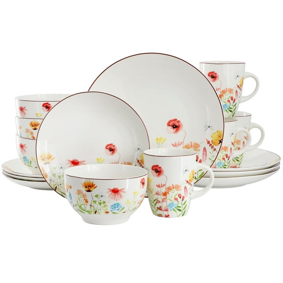 Elama Wildflower Meadow 16 Piece Stoneware Dinnerware Set in White and Multi