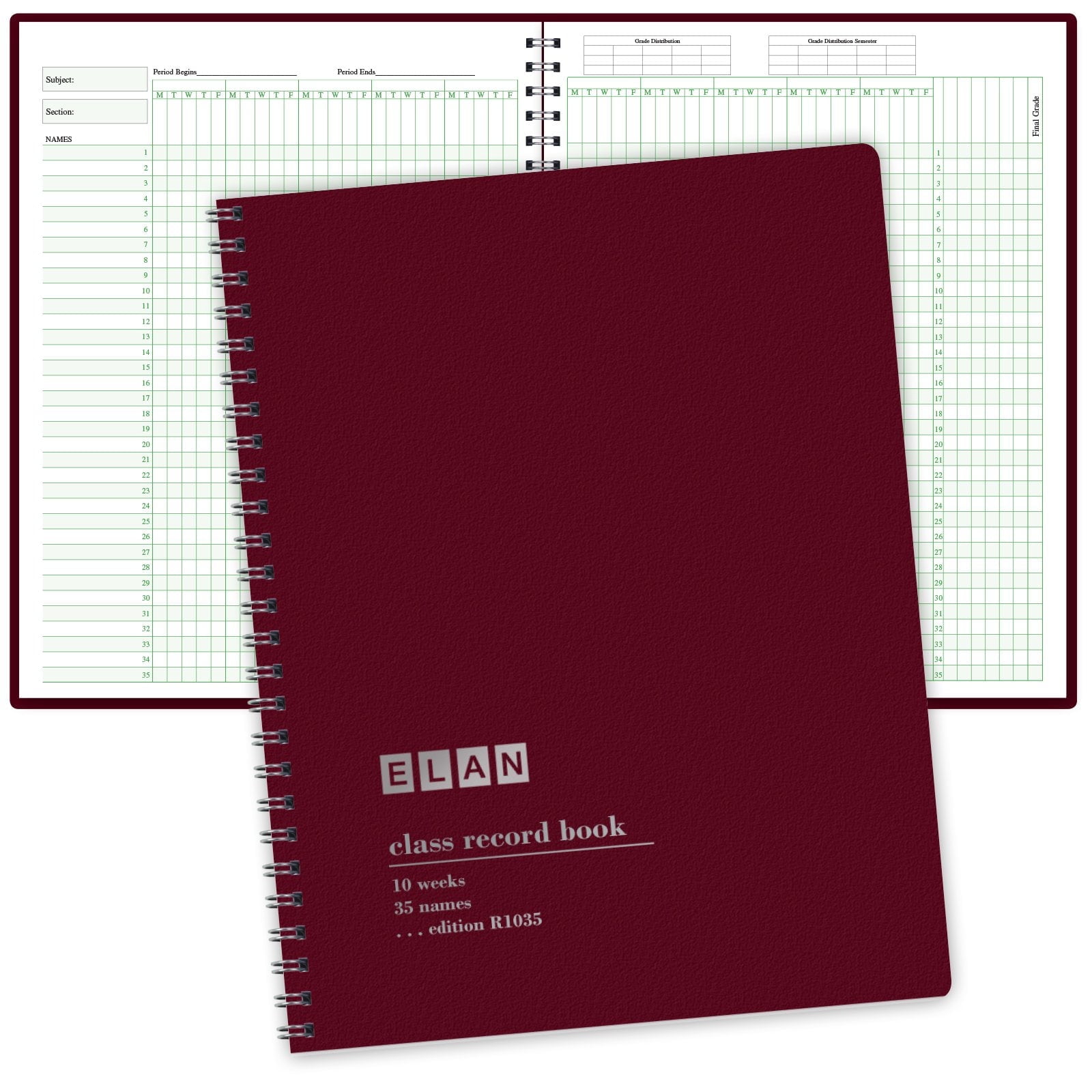 Elan Class Record Book for 9-10 Weeks, Large Grading Sqaures Record Book, 35 Student Names, (R1035) by Elan Publishing Company