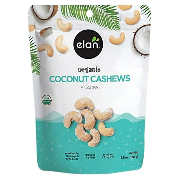 Elan Organic Coconut Cashews, SE33Non-GMO, Vegan, Gluten-Free, 5.6 oz, Healthy Snack, All Organic Ingredients, Coated Cashews, Glazed Nuts, Superfood Infused Nuts, Coconut, Himalayan Pink Salt