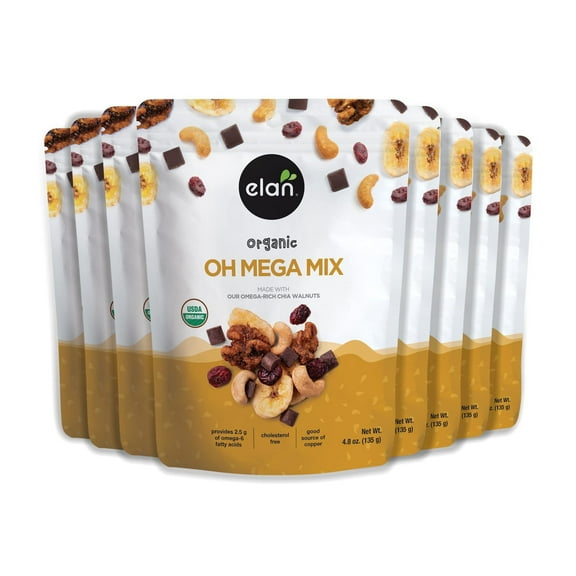 Elan Organic Oh Mega Mix, Vegan Dark Chocolate, Dried Fruits (Cranberries & Banana Chips), Nuts (Chia Walnuts & Roasted Cashews), Non-GMO, Gluten-Free, Vegan, Guilt-Free Snacks, 8 pack of 4.8 oz