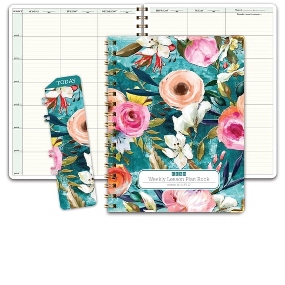 Elan Publishing Company Hardcover 7 Period Teacher Lesson Planner - Days Horizontally Across the Top with Bonus Clip-in Bookmark (Teal Floral)