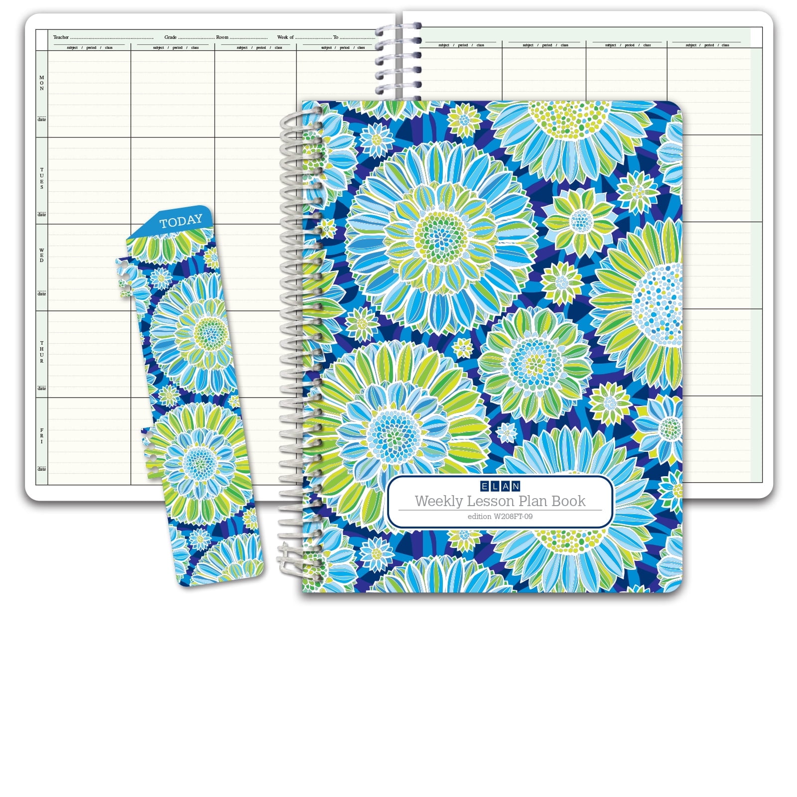 Elan Publishing Company Hardcover 8 Period Teacher Lesson Plan; Days Vertically Down the Side (W208) (+) Bonus Clip-in Bookmark (Green Blue Flowers) - W208FT -09