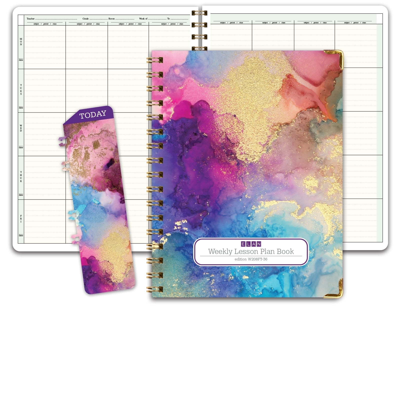 Elan Publishing Company Hardcover 8 Period Teacher Lesson Plan - Days Vertically Down the Side with Bonus Clip-in Bookmark (Rainbow Gold Marble)