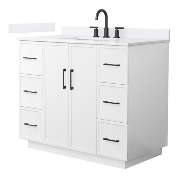 Elan TK 42" White Single Vanity & White Quartz Top (3-Hole) & Black Trim