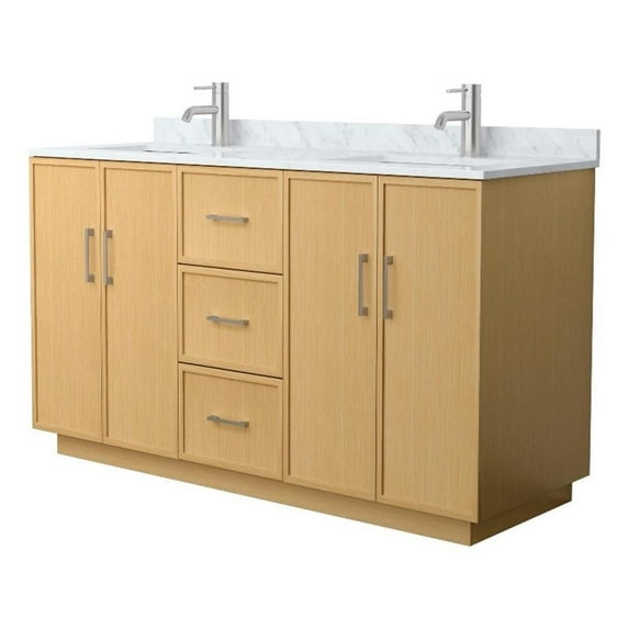 Elan TK 60" Light Oak Double Vanity & White Carrara Marble Top & Nickel Trim