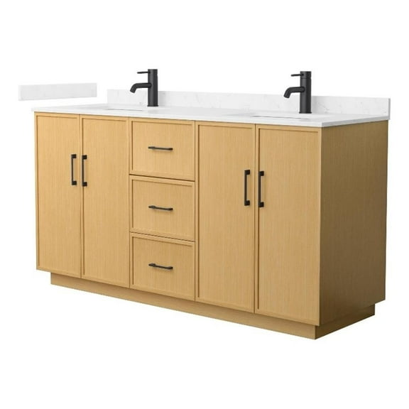 Elan TK 66" Light Oak Double Vanity Carrara Cultured Marble Top & Black Trim