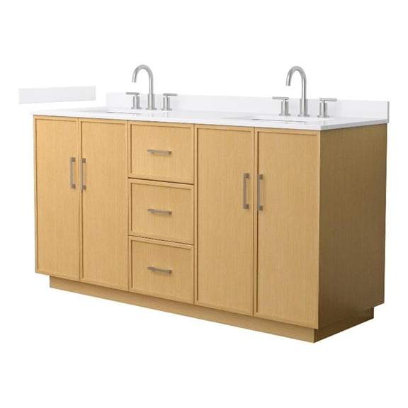 Elan TK 66" Light Oak Double Vanity White Quartz Top (3-Hole) & Nickel Trim