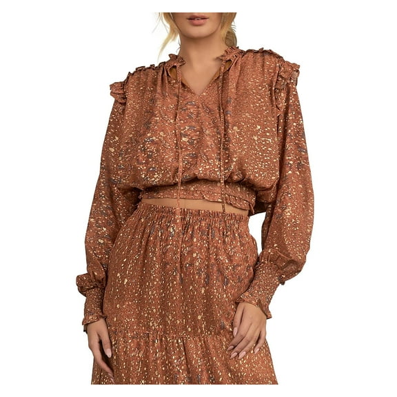 Elan Womens Metallic Ruffled Blouse