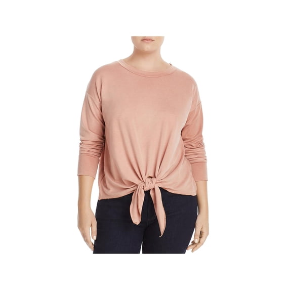 Elan Womens Plus Tie Front Crew Neck Pullover Top Pink 3X