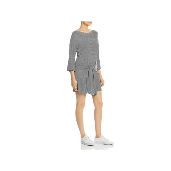 Elan Womens Striped Tie-Front T-Shirt Dress Gray L