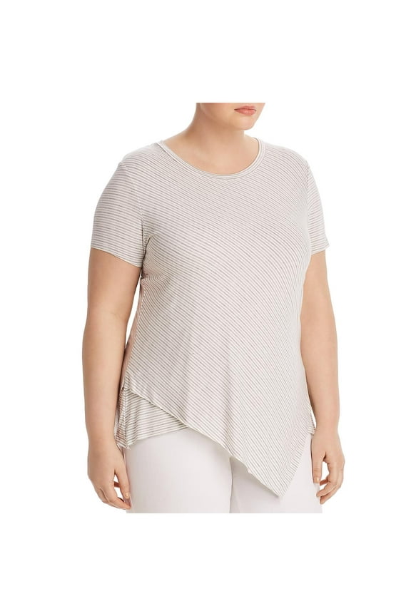 Womens plus size Layered Striped Asymmetric T-Shirt Top B4HP (Grey/Natural Stripe,2X)