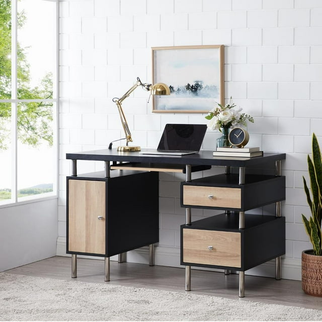 Elani 2-Drawer File Cabinet Two-Tone Desk with Keyboard Tray, Power ...