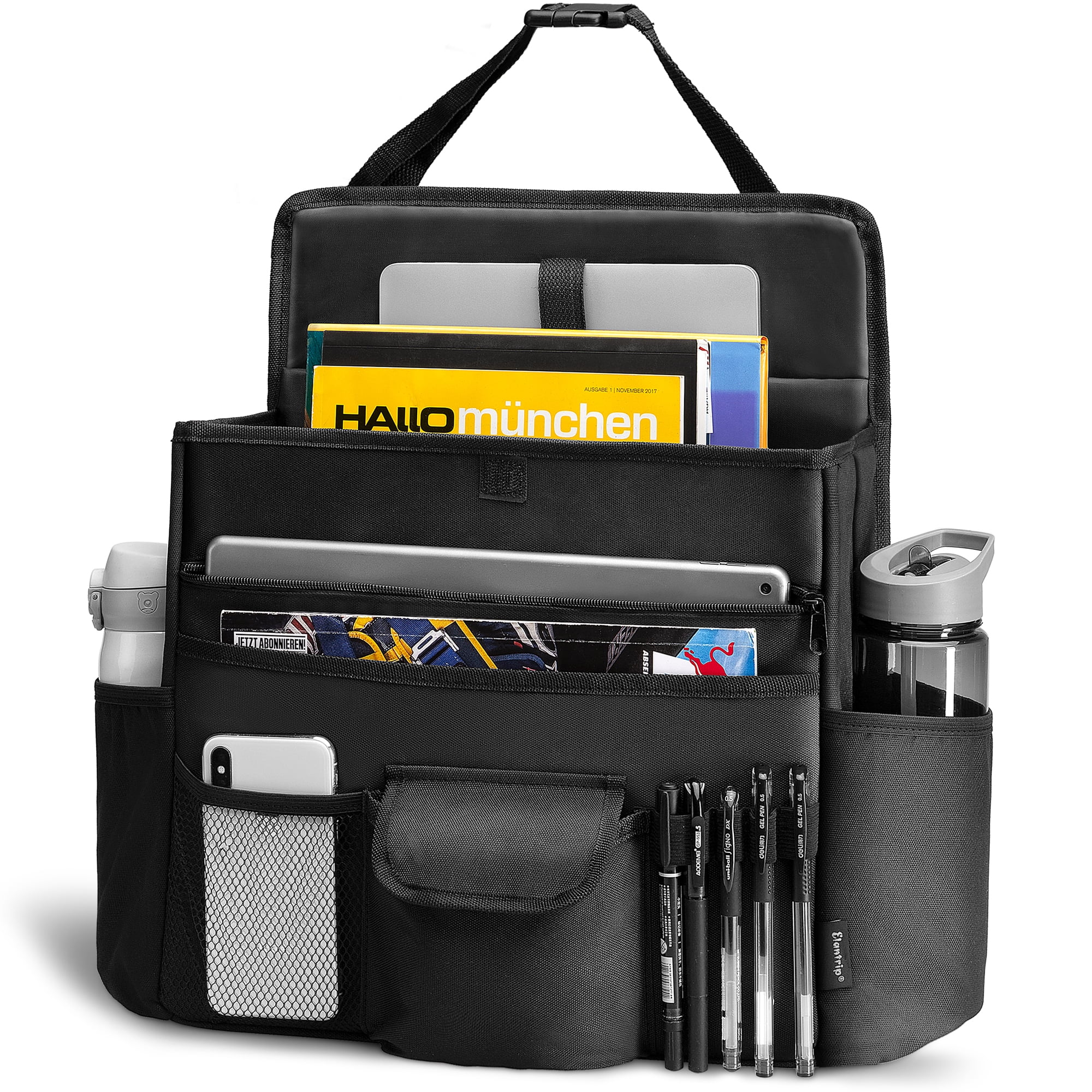 Car Backseat Organizer With Foldable Table Tray - PU Leather, Storage Pockets, Tablet Holder