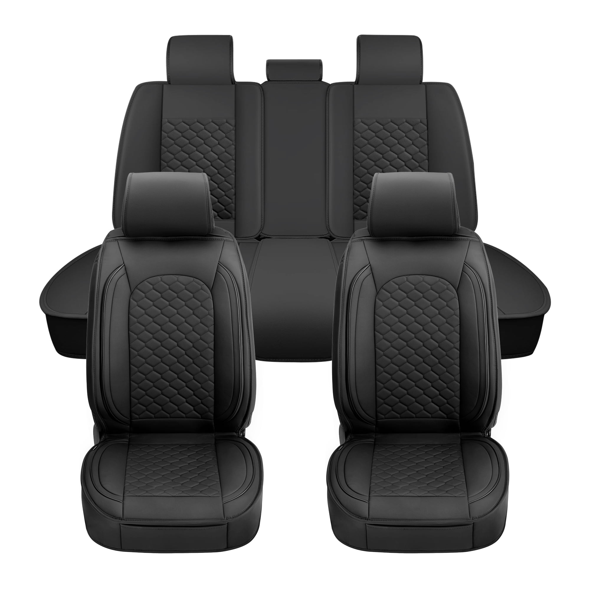 Elantrip Car Seat Cover Full Set Luxury Faux Leather with Diamond Quilted Design, Waterproof for Cars Trucks and Suvs Black