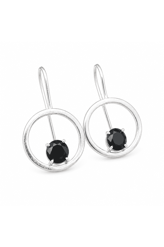 -925 Sterling Silver Black Onyx Circle Drop Earrings for Women – Minimalist Geometric Dangle Earrings, Handmade Gemstone Jewelry Gift for Her