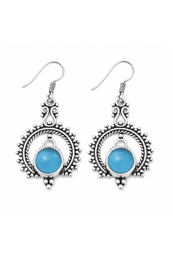 -Blue Chalcedony Earrings 925 Silver Dangle Tribal Silver Earrings with French Hook Closure