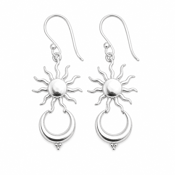 ELANZAA JEWELS 925 Sterling Silver Sun and Moon Dangle Earrings for Women – Celestial Boho Drop Earrings, Handmade Minimalist Sunburst Lunar Jewelry Gift for Her