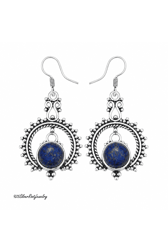 -925 Sterling Silver Lapis Lazuli Dangle Earrings for Women – Handmade Boho Gemstone Statement Earrings, Vintage Tribal Silver Jewelry Gift for Her