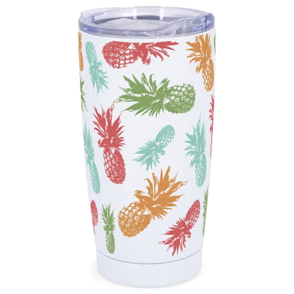 Elanze Designs 20 oz Stainless Steel On the Go Insulated Travel Tumbler With Push Top Lid, Pineapple Rainbow Pattern White