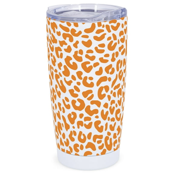 Elanze Designs 20 oz Stainless Steel On the Go Insulated Travel Tumbler With Push Top Lid, Tangerine Orange Cheetah Leopard Print White