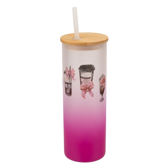 Elanze Designs 25 Ounce Frosted Glass Gradient Travel Tumbler With Straw and Wooden Lid, Coffee Drinks and Bows Pink