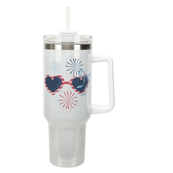 Elanze Designs 40 Ounce Stainless Steel Double Wall Insulated Glitter Travel Tumbler With Handle, Straw, and Lid, Patriotic Sunglasses White