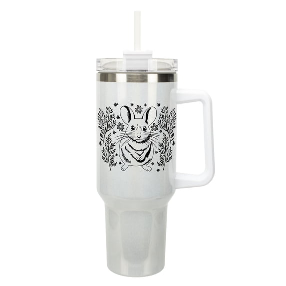 Elanze Designs 40 Ounce Travel Tumbler With Straw and Lid Stainless Steel Double Wall Insulated Charming Springtime Mouse White Glitter