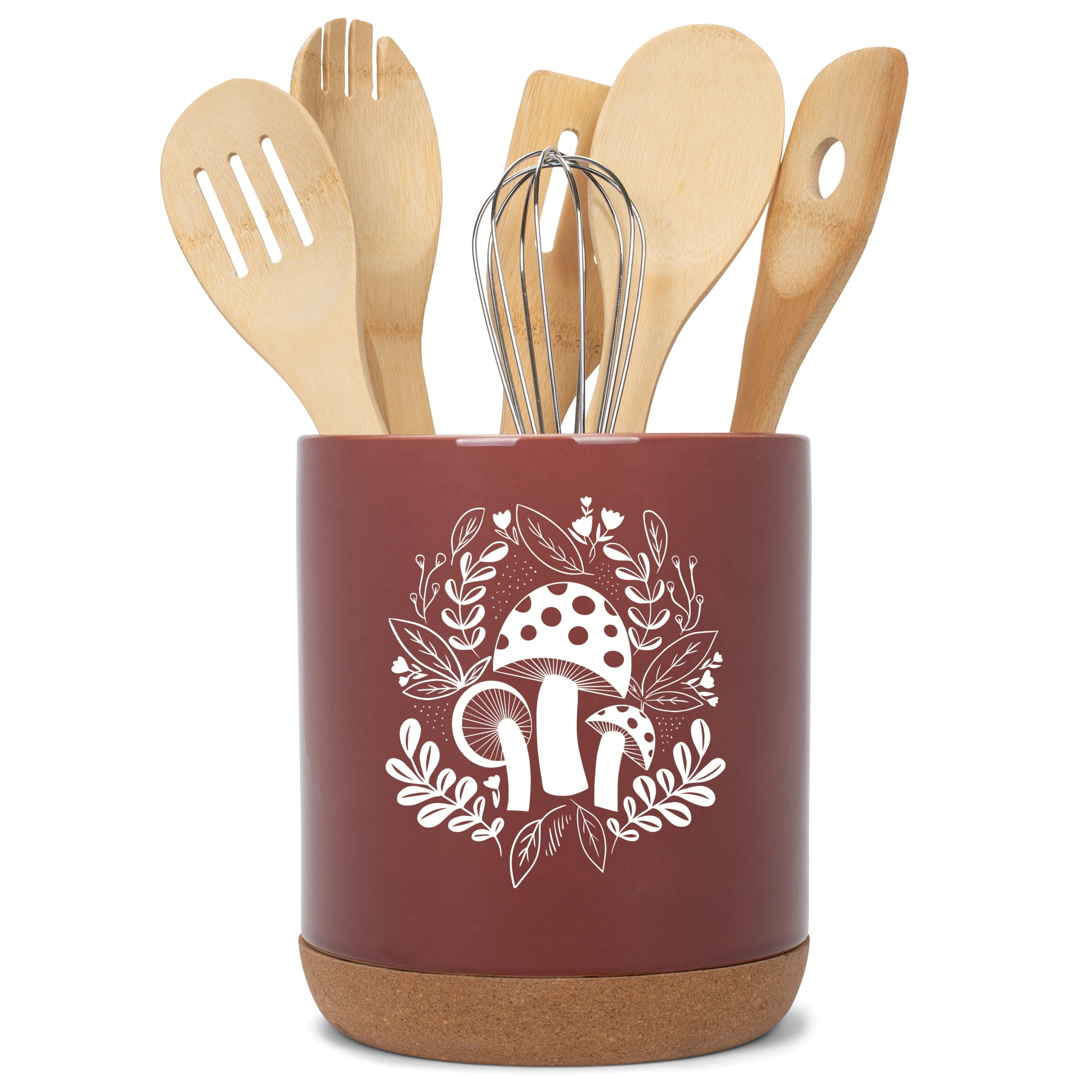 Elanze Designs 8 inch Floral Mushroom Leaf Ceramic Kitchen Utensil Holder Red and White Crock with Cork Base Large Cooking Utensil Organizer for Countertop