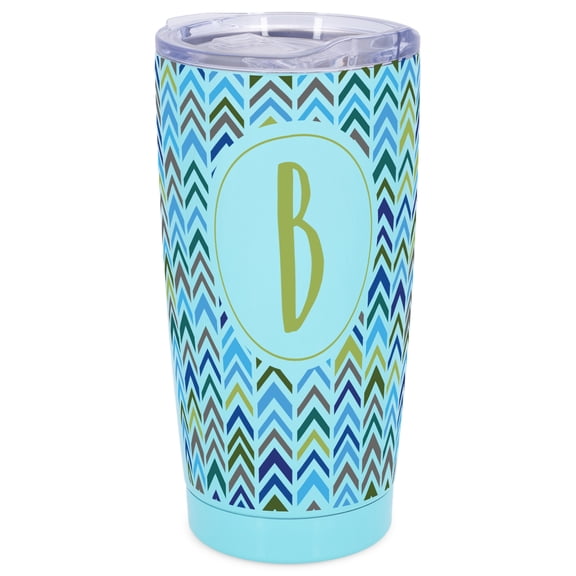Elanze Designs B Monogram Herringbone Arrows Wrap-Around Design 20 Ounce Stainless Steel On-The-Go Coffee Mug, Thermal Travel Tumbler with Leak Resistant Slide Lid, Sky Blue