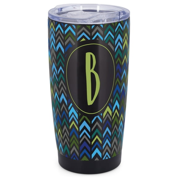 Elanze Designs B Monogram Herringbone Arrows Wrap-Around Design 20 Ounce Stainless Steel On-The-Go Coffee Mug, Thermal Travel Tumbler with Leak Resistant Slide Lid, Sleek Black