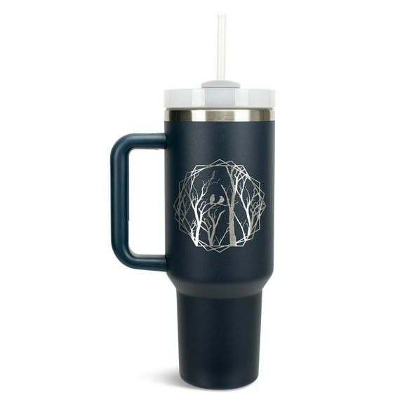 Elanze Designs Birds Resting on Tree Branches Wrap-Around 40 Oz. Stainless Steel Water Bottle Coffee Mug, Spill & Leak Resistant, Travel Tumbler with Handle, Lid & Straw, Navy Blue