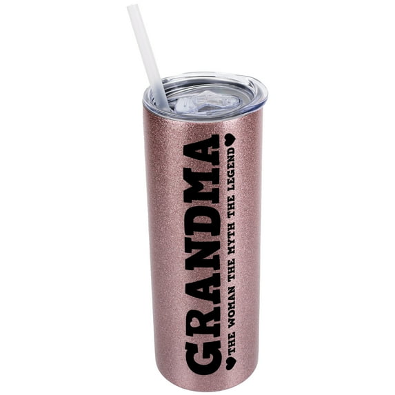 Elanze Designs Bubblegum Pink 20 Ounce Double Wall Stainless Steel Glitter Travel Tumbler With Sliding Lid And Straw, Grandma The Woman The Myth The Legend