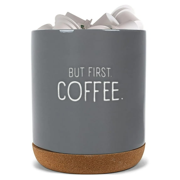 Elanze Designs But First Coffee Grey X-Large Cork Bottom, Kitchen Counter, Ceramic Stoneware, Coffee, Tea and Hot Chocolate, Machine Brewing, K Capsule Pod Cup, Organizer, Jar, Crock, Holder