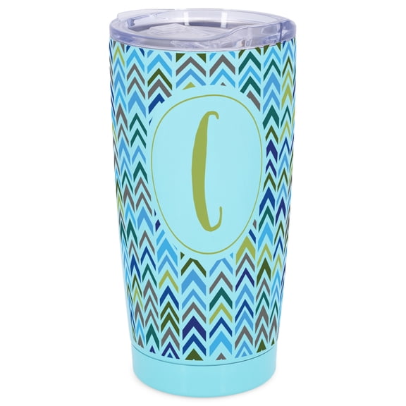 Elanze Designs C Monogram Herringbone Arrows Wrap-Around Design 20 Ounce Stainless Steel On-The-Go Coffee Mug, Thermal Travel Tumbler with Leak Resistant Slide Lid, Sky Blue
