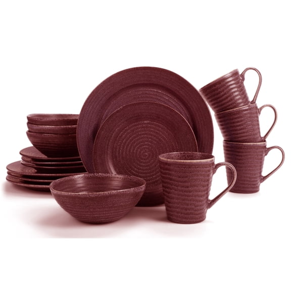 Elanze Designs Chic Ribbed Modern Thrown Pottery Look Ceramic Stoneware Plate Mug & Bowl Kitchen Dinnerware 16 Piece Set - Service for 4, Red