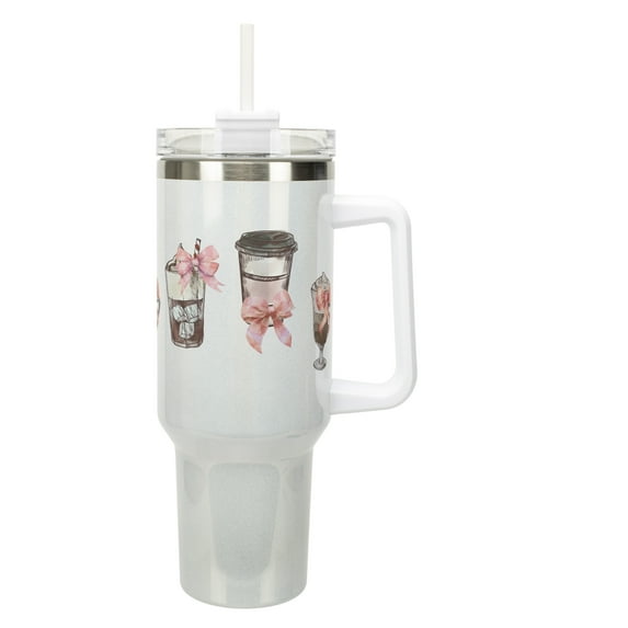 Elanze Designs Coffee Caffine Drinks & Pretty Bows Coquette 40 Oz. Stainless Steel Water Bottle Coffee Mug, Spill & Leak Resistant, Travel Tumbler with Handle, Lid & Straw, White Shimmer