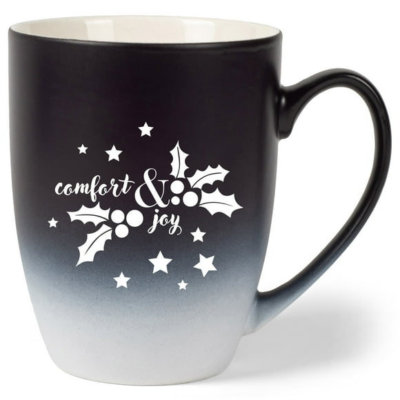 Elanze Designs Comfort & Joy Two Toned Ombre Matte Black and White 12 ounce Ceramic Stoneware Coffee Cup Mug