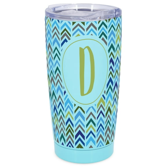 Elanze Designs D Monogram Herringbone Arrows Wrap-Around Design 20 Ounce Stainless Steel On-The-Go Coffee Mug, Thermal Travel Tumbler with Leak Resistant Slide Lid, Sky Blue