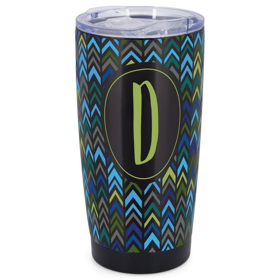Elanze Designs D Monogram Herringbone Arrows Wrap-Around Design 20 Ounce Stainless Steel On-The-Go Coffee Mug, Thermal Travel Tumbler with Leak Resistant Slide Lid, Sleek Black