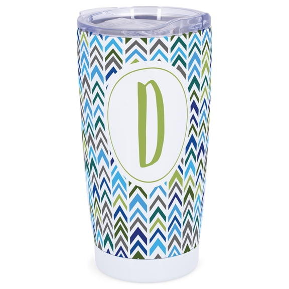 Elanze Designs D Monogram Herringbone Arrows Wrap-Around Design 20 Ounce Stainless Steel On-The-Go Coffee Mug, Thermal Travel Tumbler with Leak Resistant Slide Lid, Crisp White
