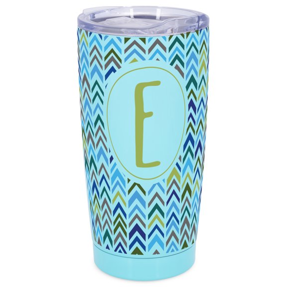 Elanze Designs E Monogram Herringbone Arrows Wrap-Around Design 20 Ounce Stainless Steel On-The-Go Coffee Mug, Thermal Travel Tumbler with Leak Resistant Slide Lid, Sky Blue