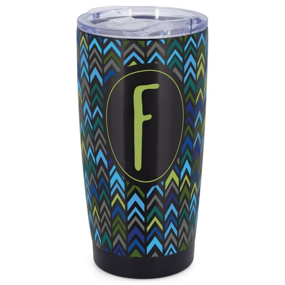 Elanze Designs F Monogram Herringbone Arrows Wrap-Around Design 20 Ounce Stainless Steel On-The-Go Coffee Mug, Thermal Travel Tumbler with Leak Resistant Slide Lid, Sleek Black