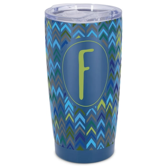 Elanze Designs F Monogram Herringbone Arrows Wrap-Around Design 20 Ounce Stainless Steel On-The-Go Coffee Mug, Thermal Travel Tumbler with Leak Resistant Slide Lid, Navy Blue